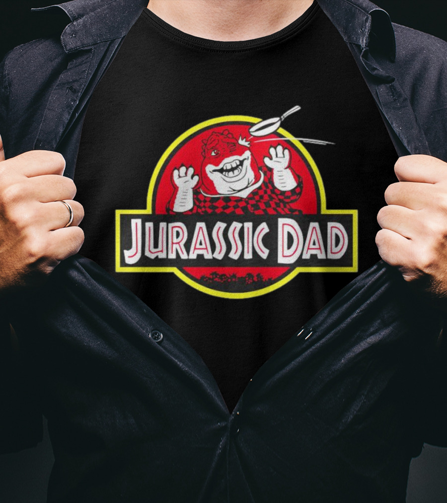 Jurassic Dad Dinosaur Cartoon Logo Frying Pan Image T-Shirt
