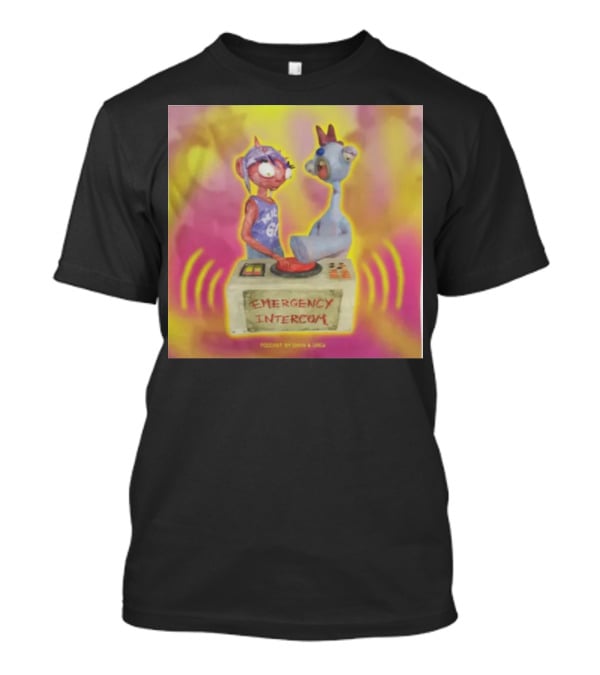 Emergency Intercom Podcast By Enya And Drew Vibrant Cartoon Characters On Bright Background T-Shirt