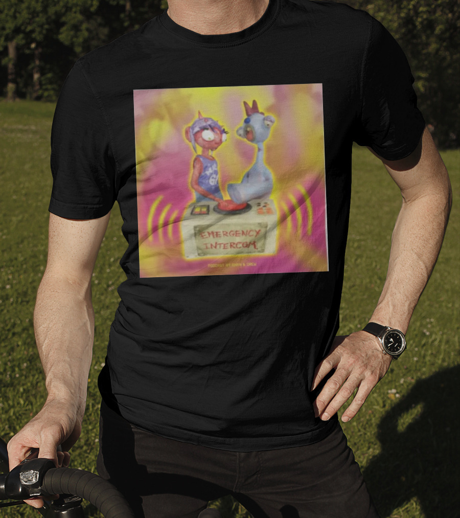 Emergency Intercom Podcast By Enya And Drew Vibrant Cartoon Characters On Bright Background T-Shirt