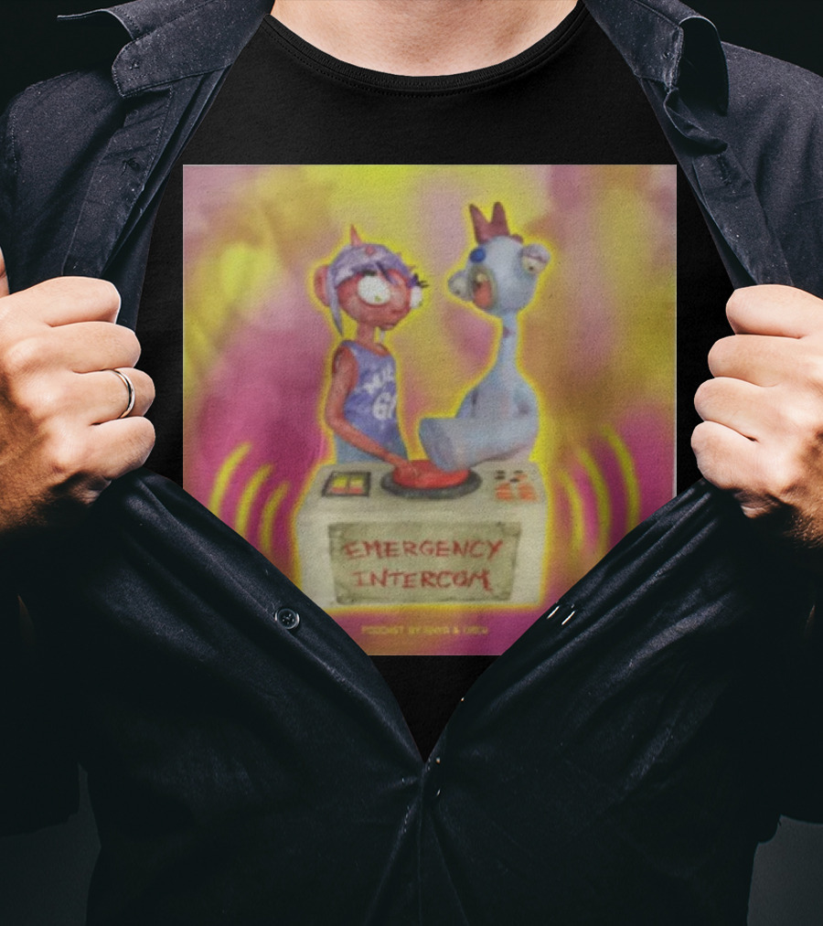 Emergency Intercom Podcast By Enya And Drew Vibrant Cartoon Characters On Bright Background T-Shirt