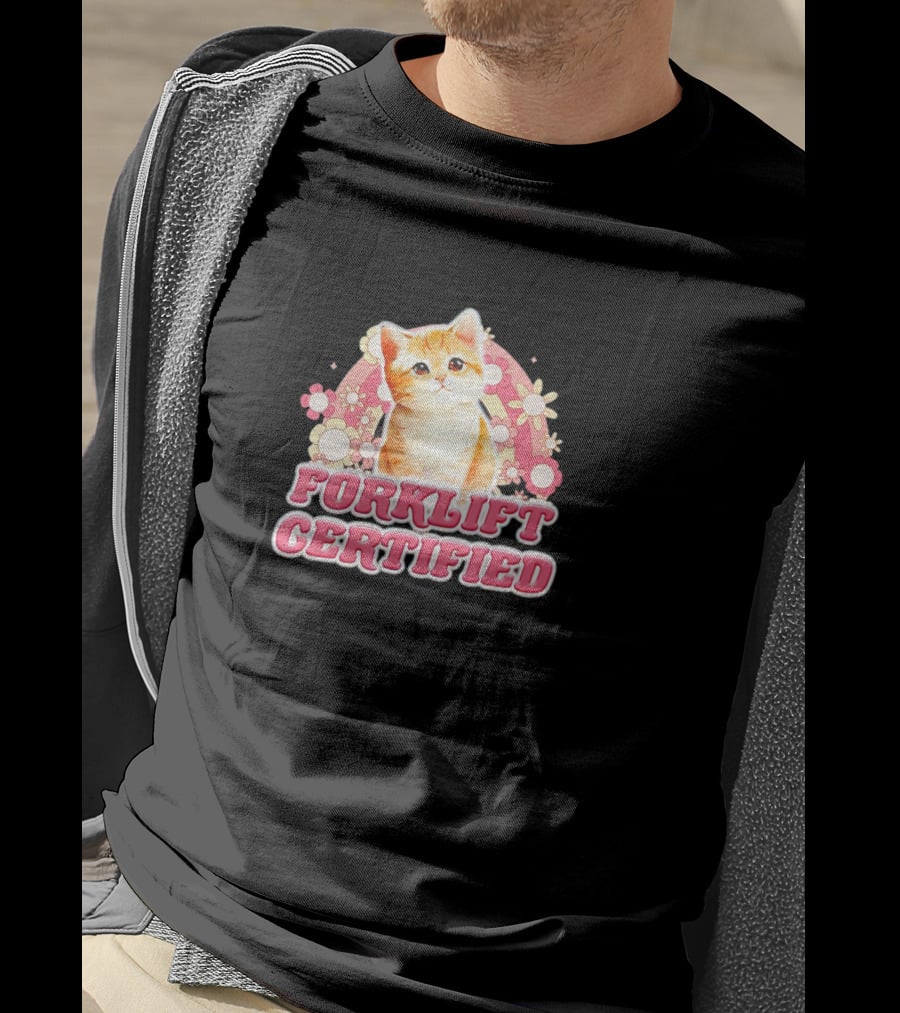 Cat Forklift Certified Cute Floral Pink T-Shirt