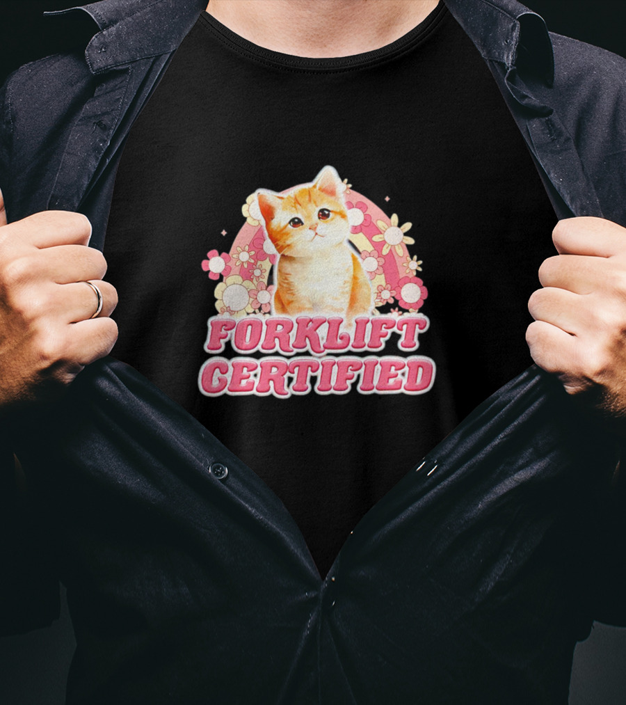 Cat Forklift Certified Cute Floral Pink T-Shirt