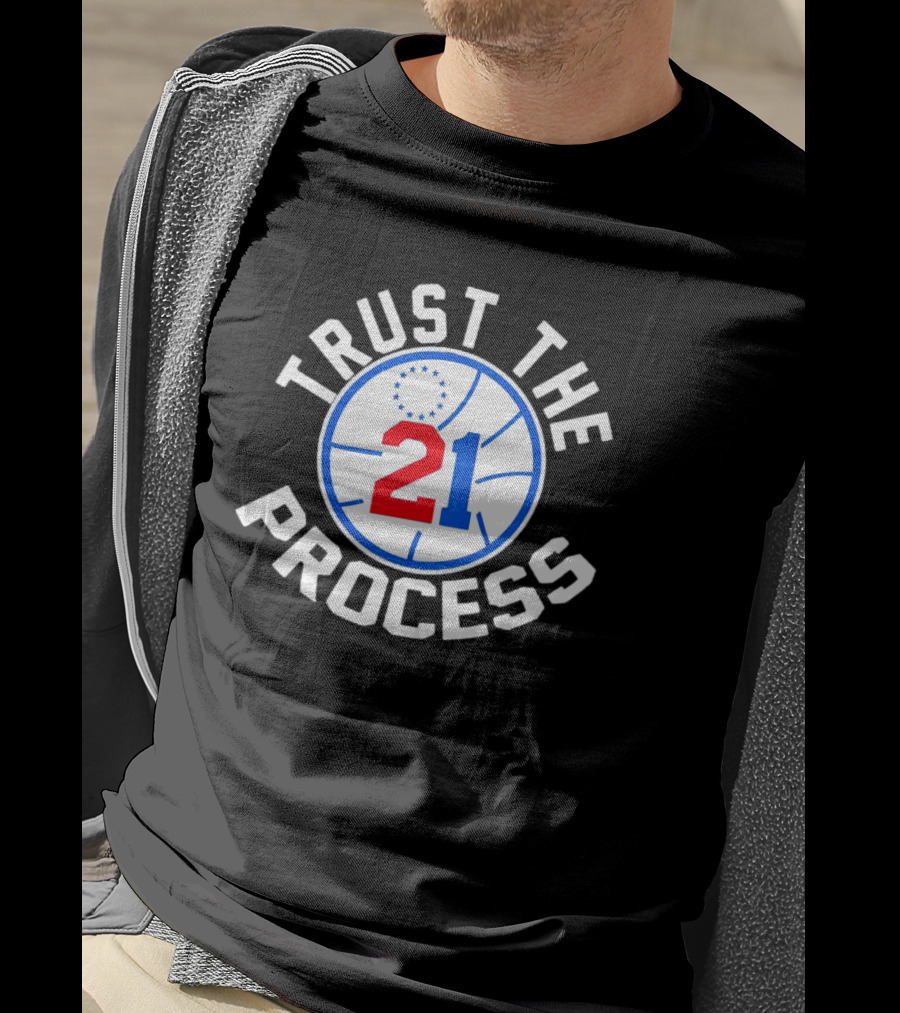 Philadelphia 76ers Joel Embiid 21 Trust The Process Basketball Emblem T-Shirt