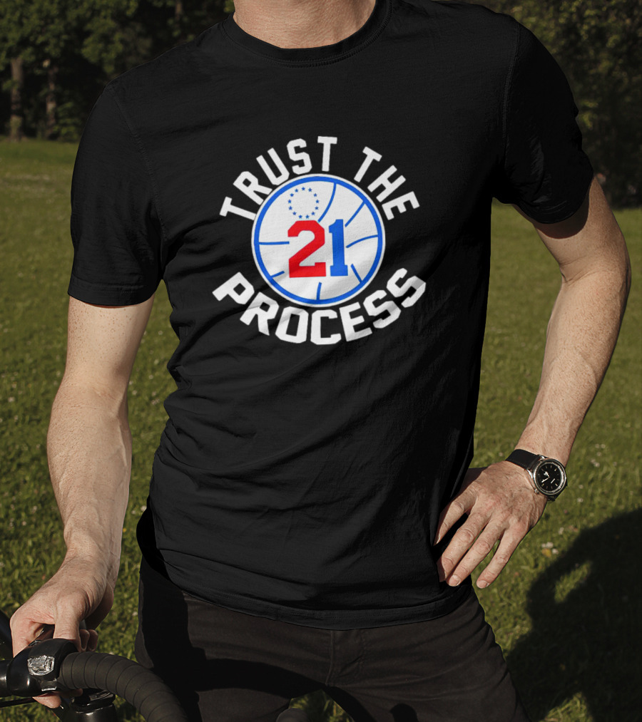 Philadelphia 76ers Joel Embiid 21 Trust The Process Basketball Emblem T-Shirt