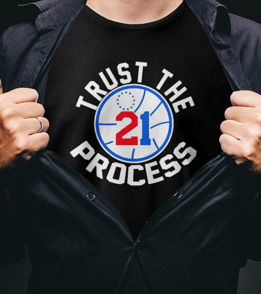 Philadelphia 76ers Joel Embiid 21 Trust The Process Basketball Emblem T-Shirt