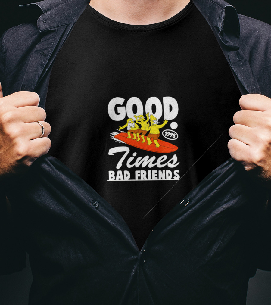 GOOD TIMES BAD FRIENDS 1998 Surfing Cartoon T-Shirt