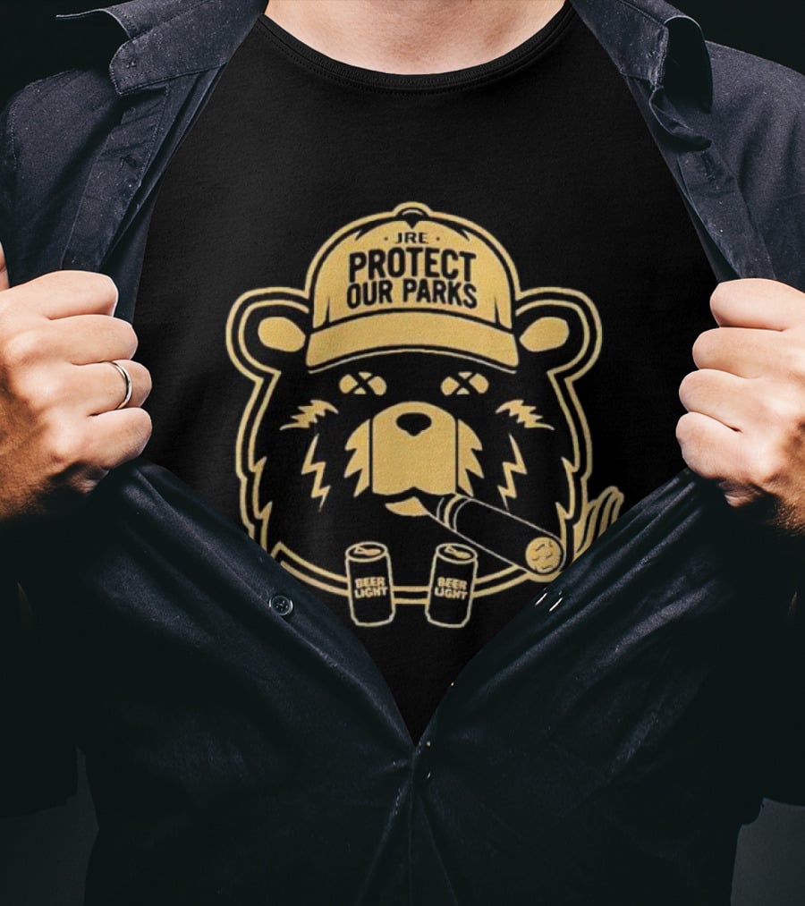 JRE Protect Our Parks Bear With Beer Light Cans And Cigar T-Shirt