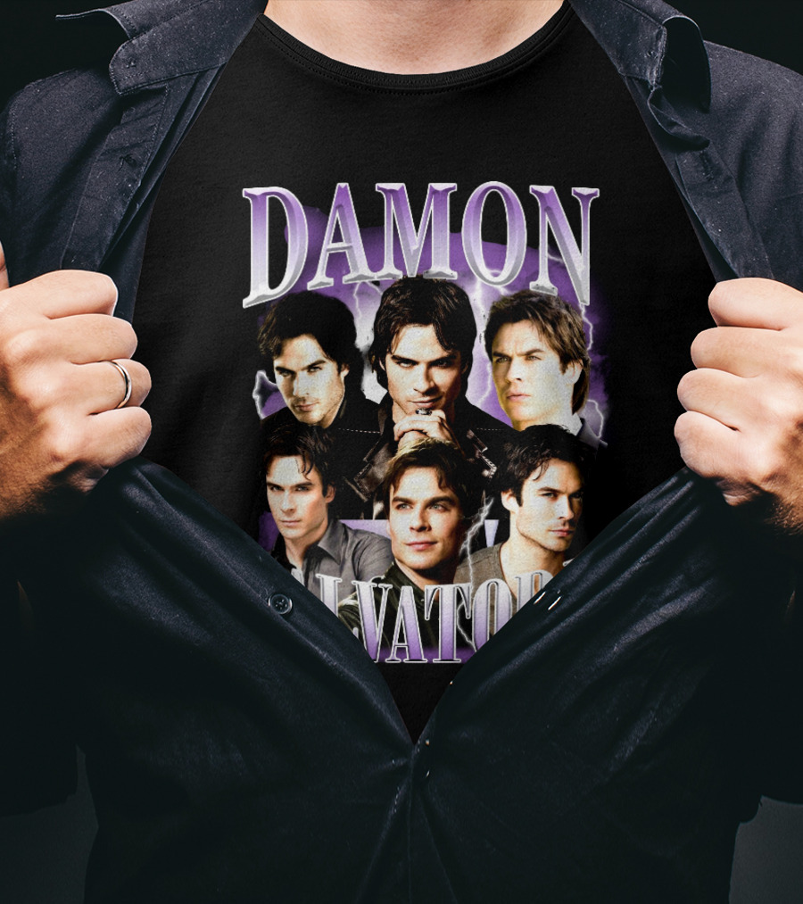 Damon Salvatore Purple Lightning Faces Collage T-Shirt