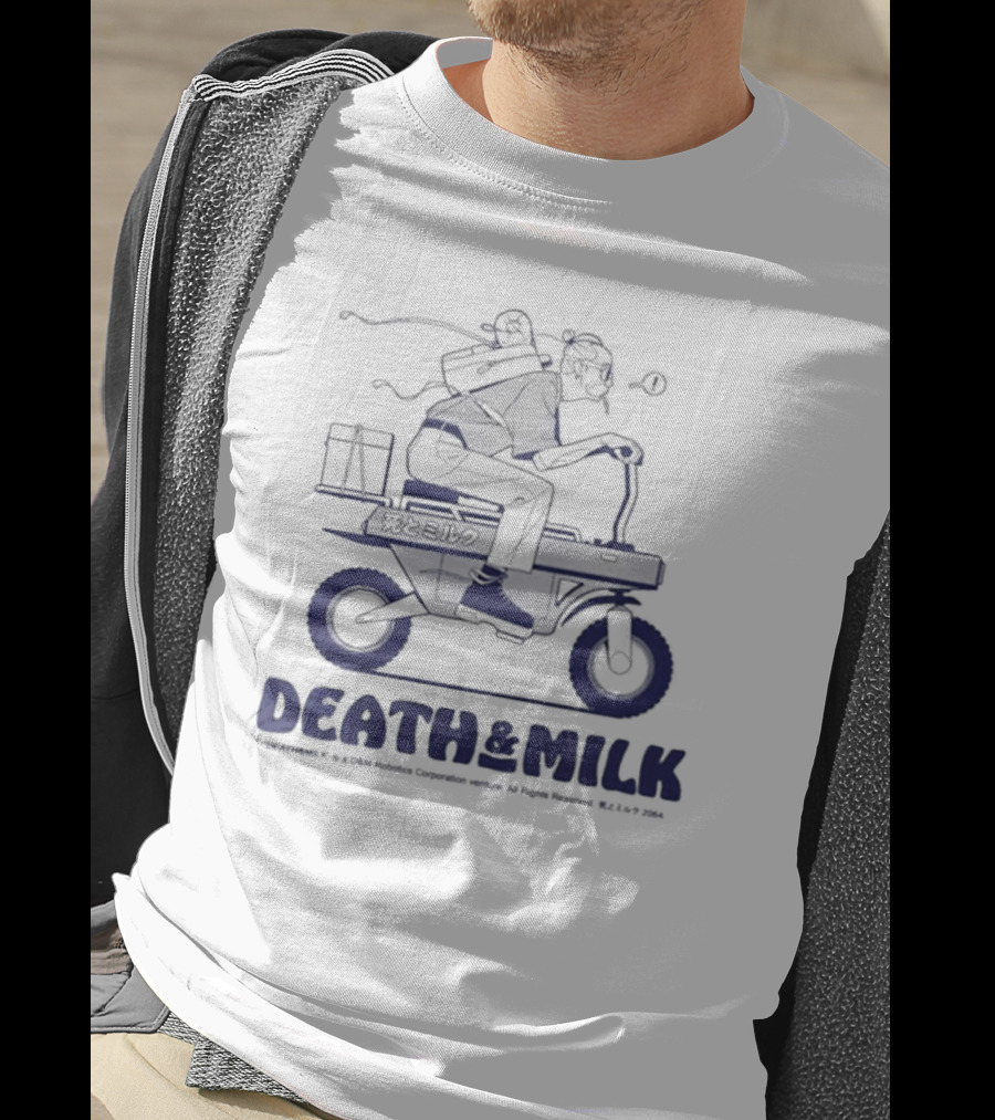 DEATH And MILK ©2004 K F Y ©C Foroffice Corp. Riding Motorbike With Backpack And Box T-Shirt