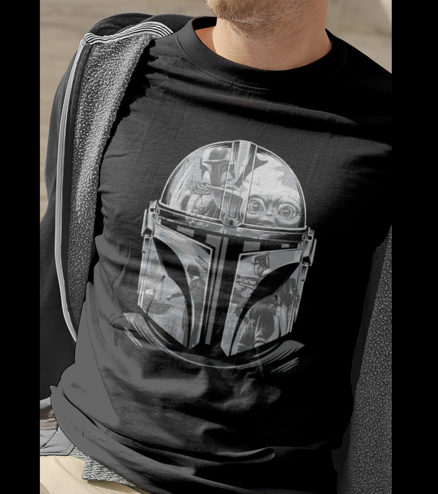 Mandalorian Helmet Artwork With Grogu And Bounty Hunter Scenes T-Shirt