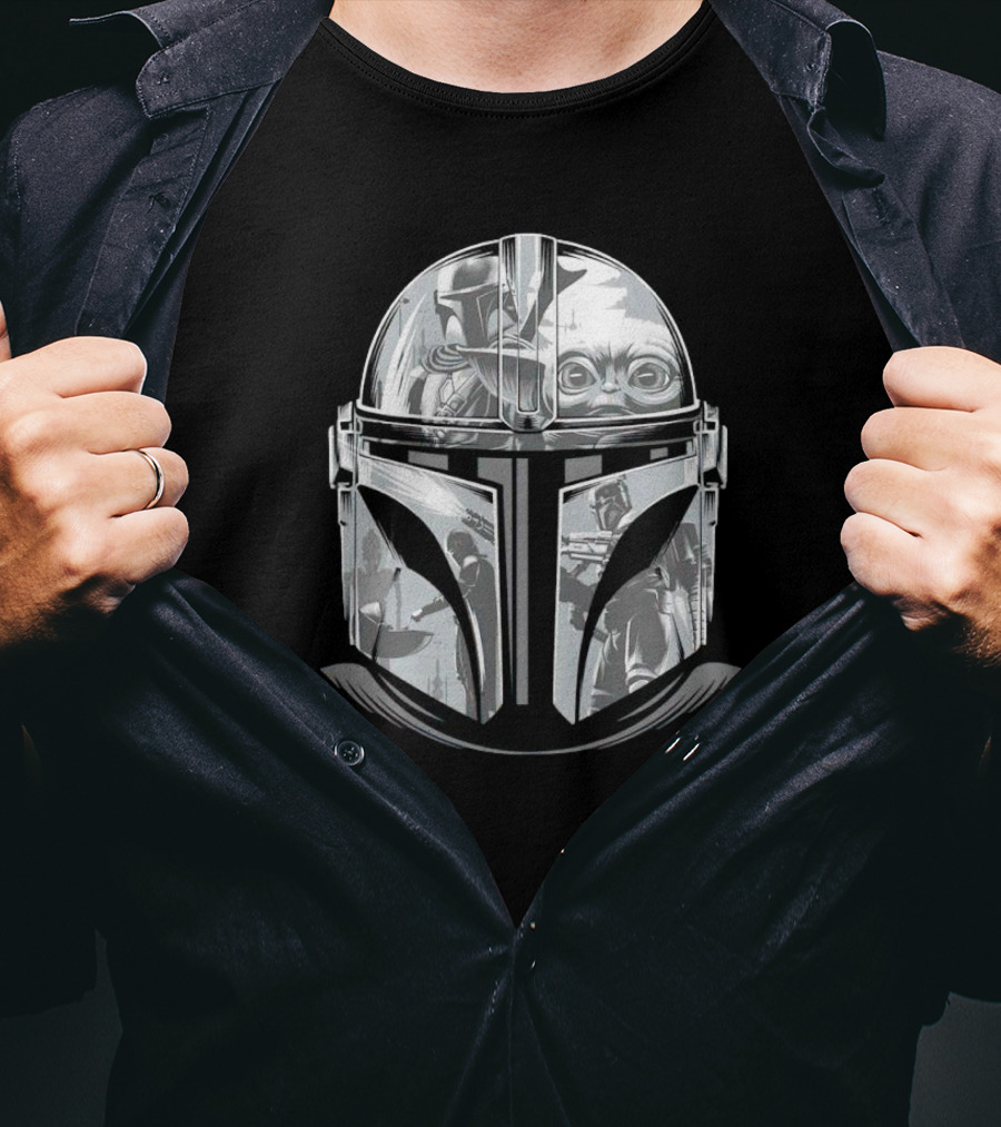 Mandalorian Helmet Artwork With Grogu And Bounty Hunter Scenes T-Shirt