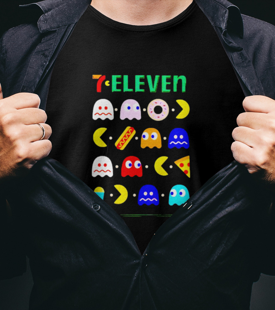7 Eleven Pac Man Ghosts Donut Hot Dog Pizza Icons T-Shirt