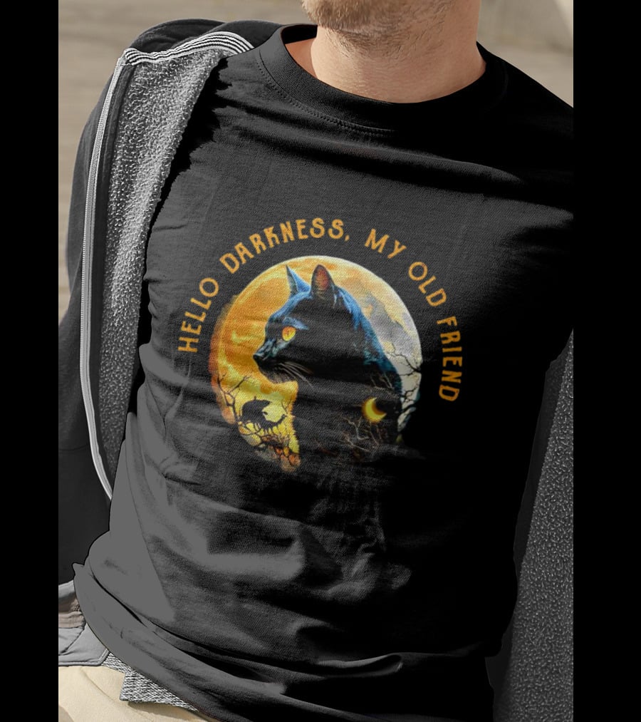 Black Cat Hello Darkness My Old Friend Moon Scene T-Shirt