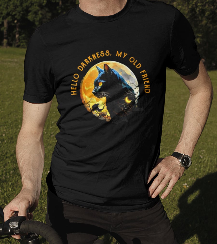 Black Cat Hello Darkness My Old Friend Moon Scene T-Shirt