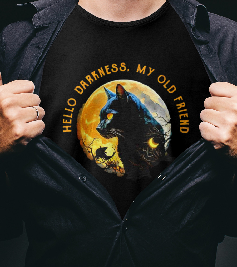 Black Cat Hello Darkness My Old Friend Moon Scene T-Shirt