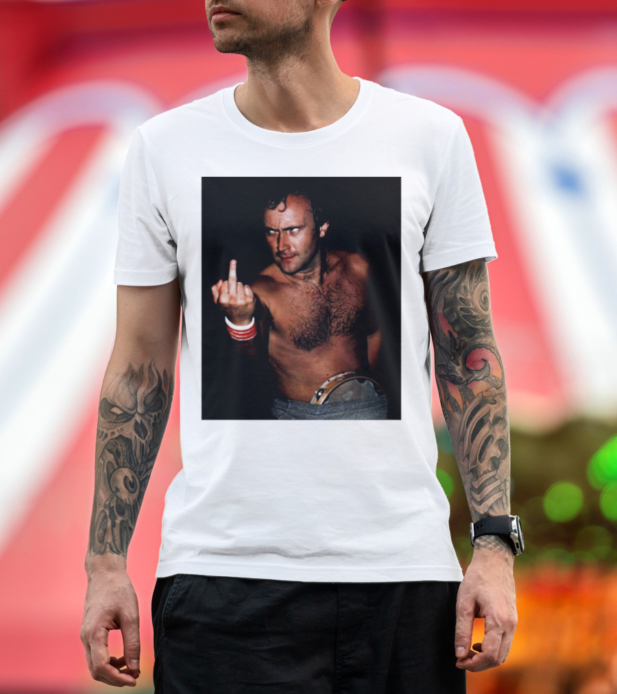 Phil Collins Middle Finger Gesture Image with Drum Visible T-Shirt