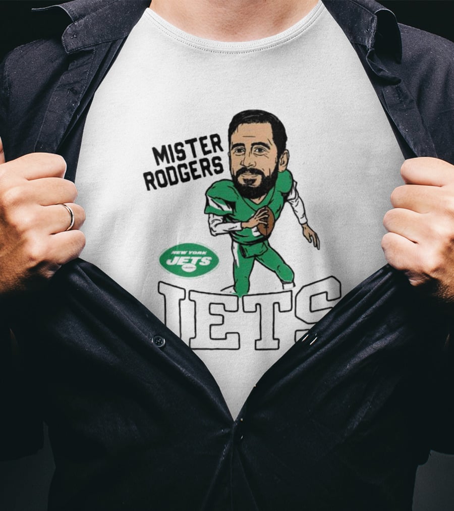 Mister Rodgers New York Jets Aaron Rodgers Caricature T-Shirt