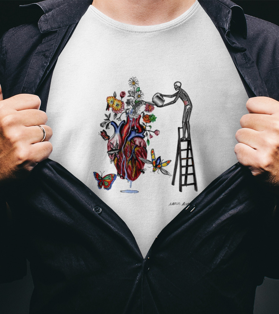 Skeleton Watering Yourself Heart Vase By Laro Amaral T-Shirt