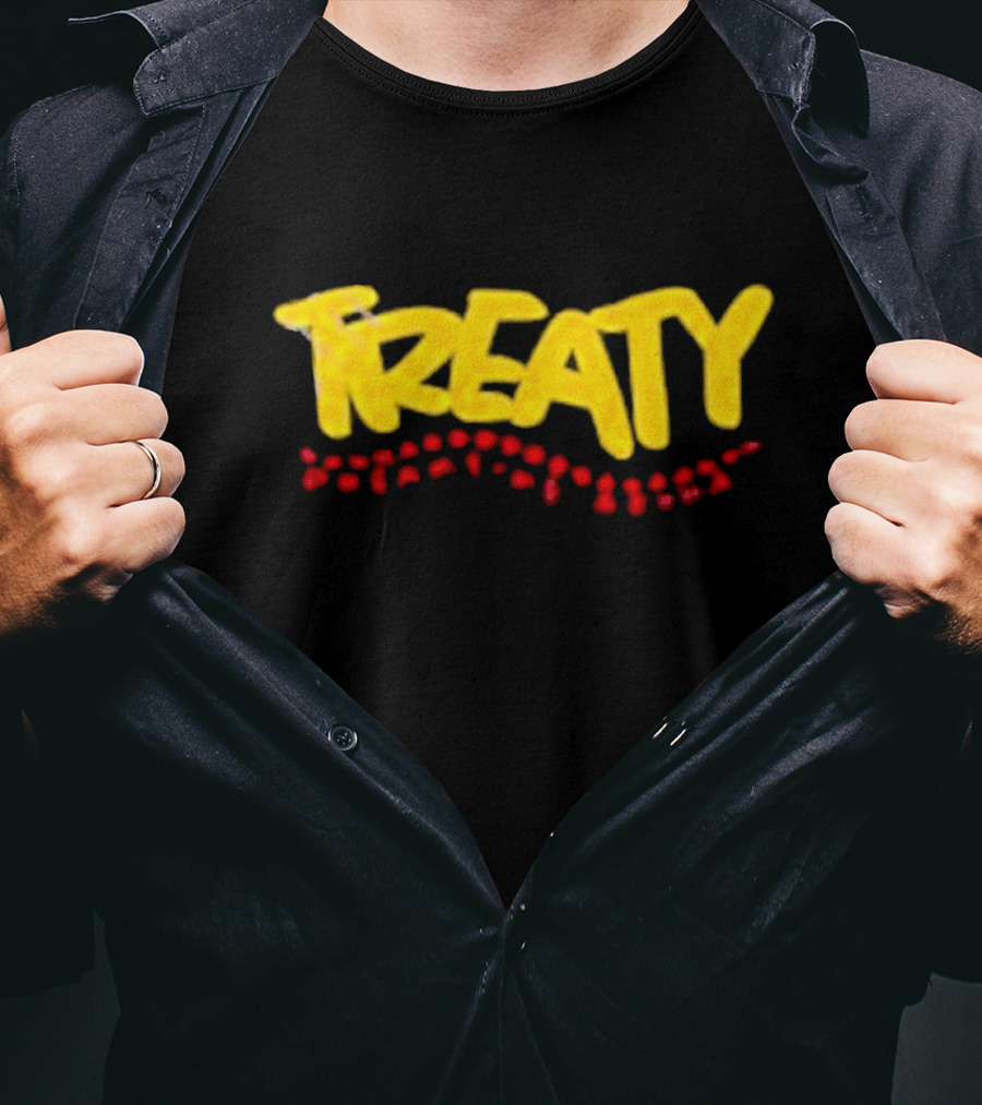 Treaty Dreamtime Aroha Yellow Text With Red Dots T-Shirt