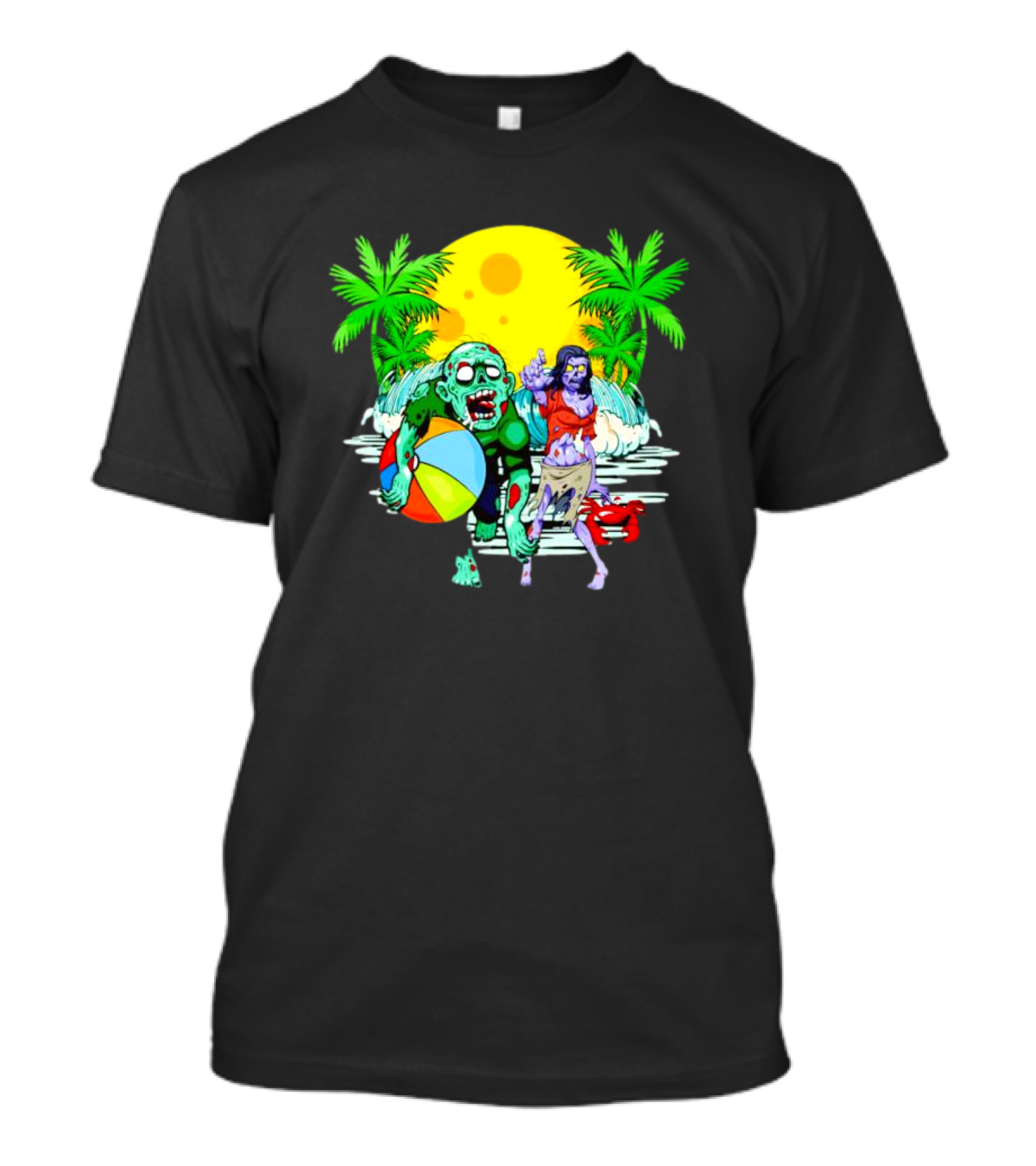 Zombie Beach Party Under Palm Trees With Beach Ball And Surf Waves T-Shirt