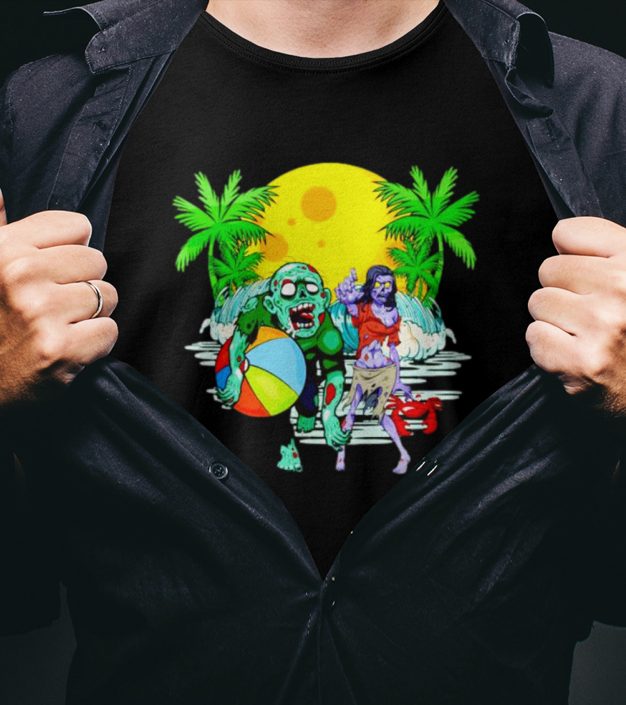 Zombie Beach Party Under Palm Trees With Beach Ball And Surf Waves T-Shirt