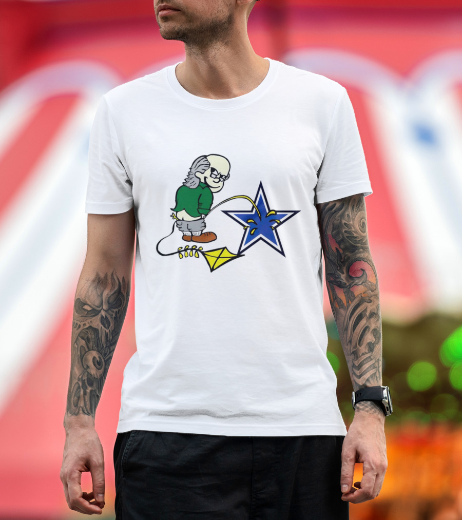 Ben Franklin with Kite Whizzing on Blue Cowboy Star T-Shirt