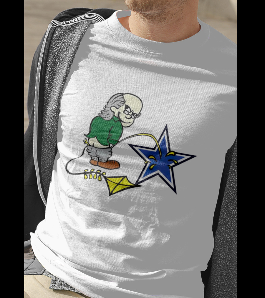 Ben Franklin With Kite Whizzing On Blue Cowboy Star T-Shirt