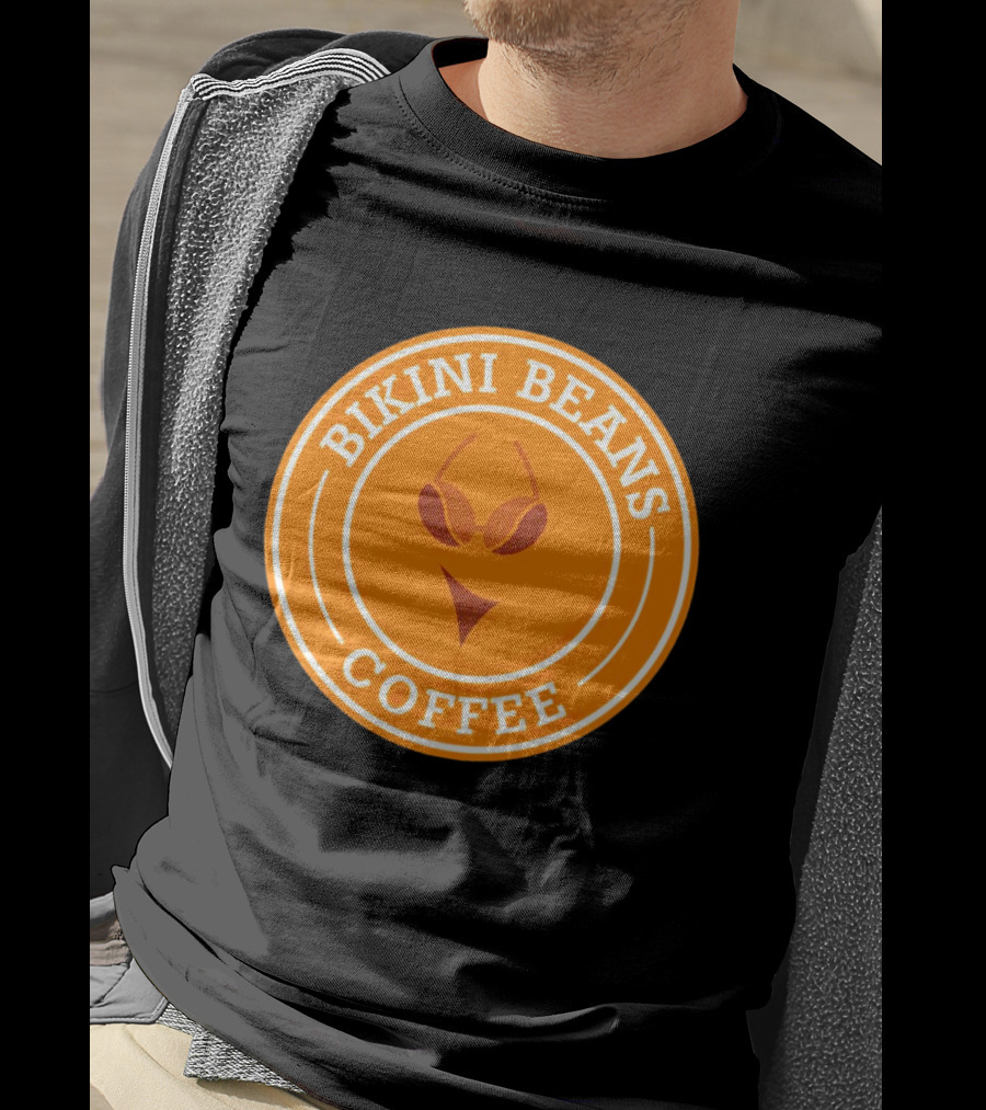 Bikini Beans Coffee Circular Logo With Sunglasses And Orange Background T-Shirt