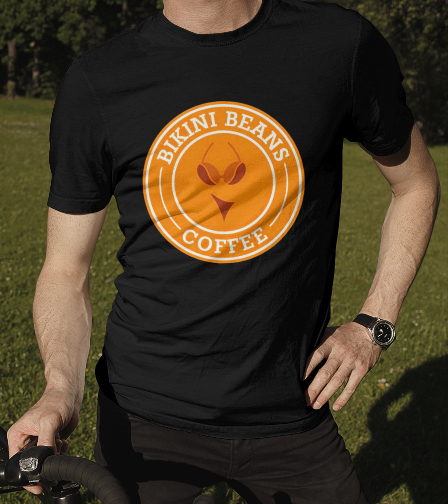 Bikini Beans Coffee Circular Logo With Sunglasses And Orange Background T-Shirt