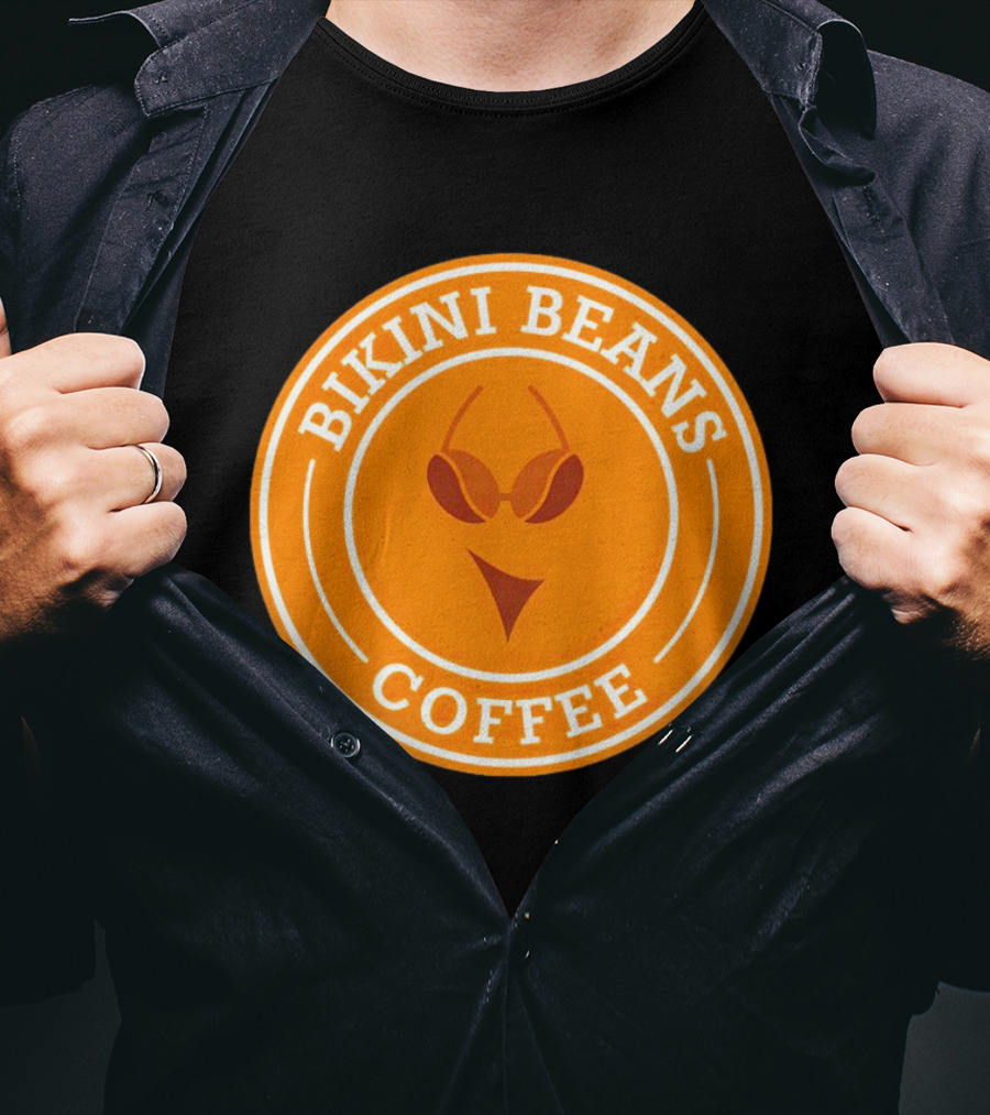 Bikini Beans Coffee Circular Logo With Sunglasses And Orange Background T-Shirt