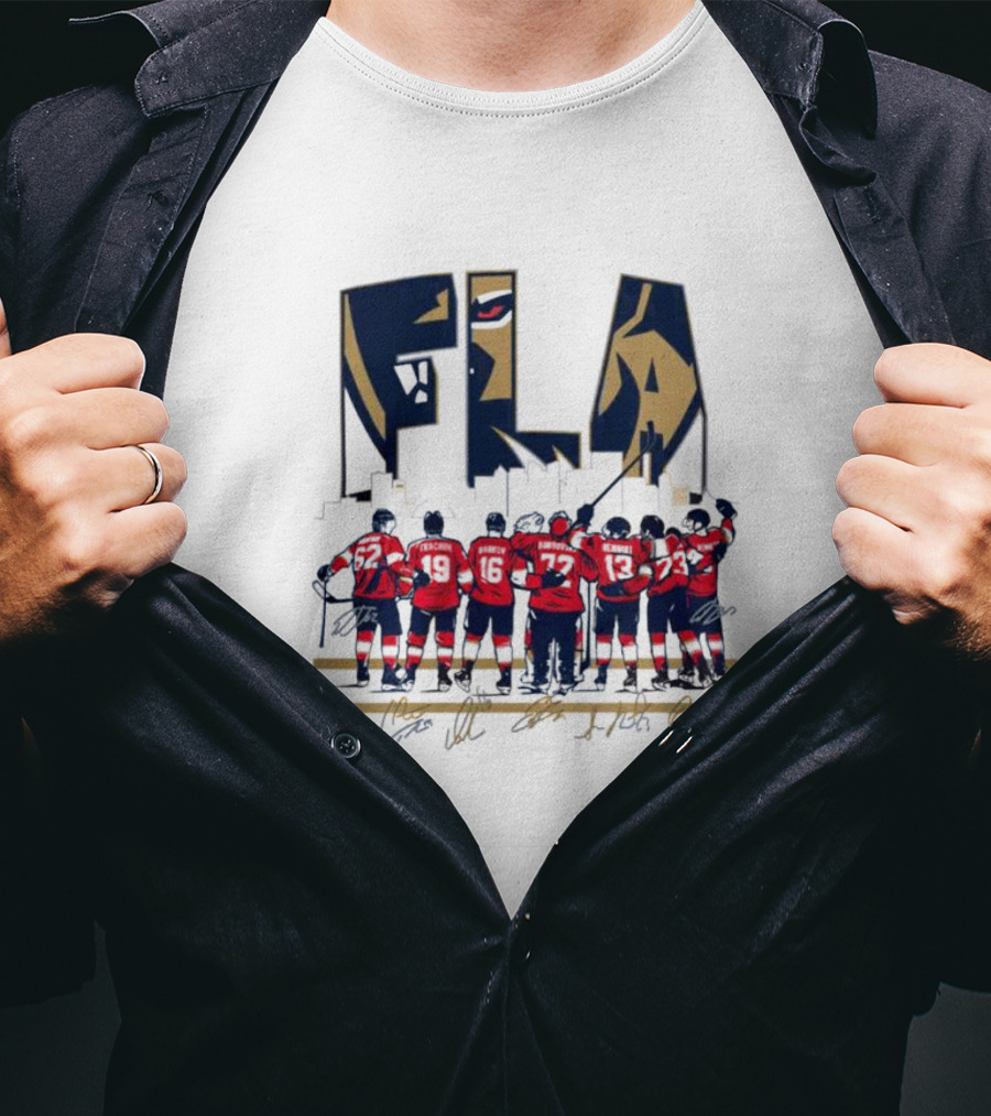 Florida Panthers FLA Team Player Signatures And Hockey T-Shirt