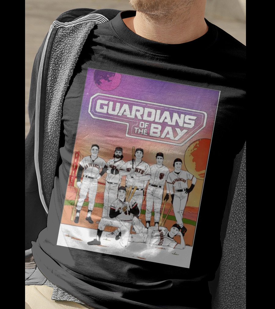 Guardians Of The Bay San Francisco Giants Baseball Players With Golden Gate Bridge And Sunset Background T-Shirt