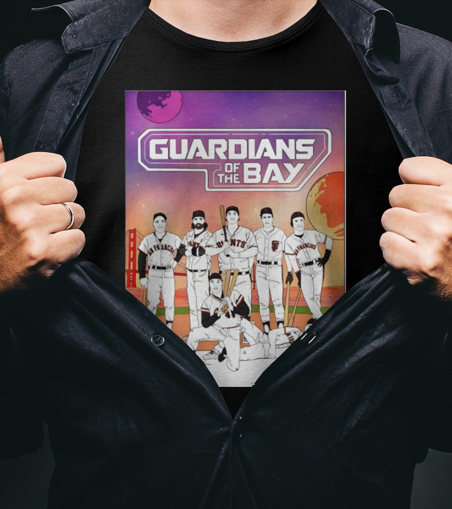 Guardians Of The Bay San Francisco Giants Baseball Players With Golden Gate Bridge And Sunset Background T-Shirt