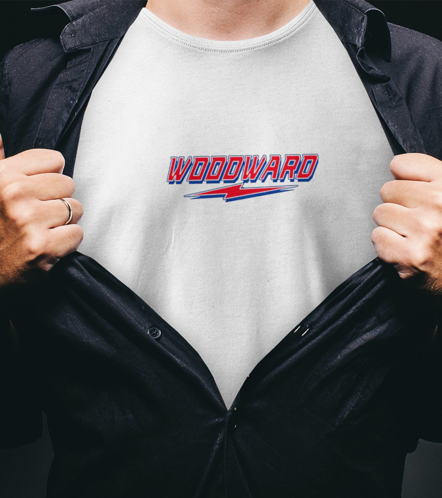 Woodward Pistons Lightning Bold Red And Blue Text With Stylized Bolt T-Shirt