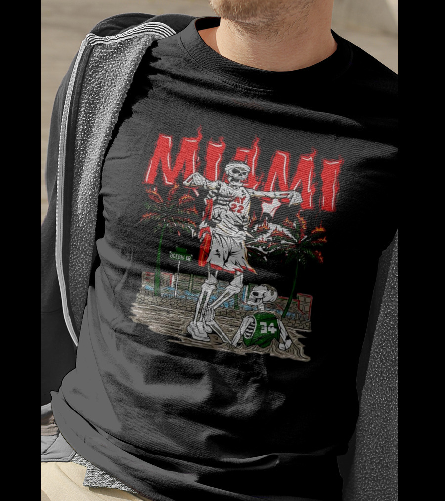 Miami Heat Skeleton Celebrating Over Boston Celtics On Ocean Drive T-Shirt