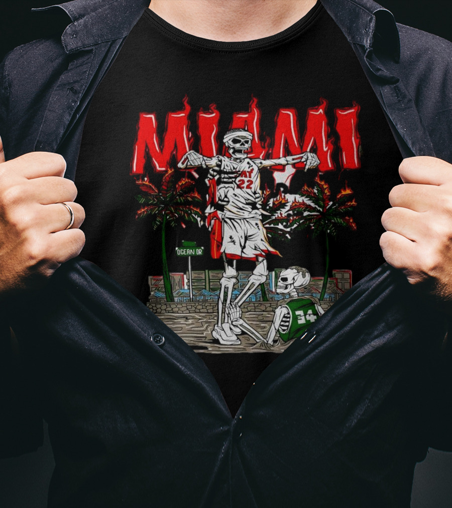 Miami Heat Skeleton Celebrating Over Boston Celtics On Ocean Drive T-Shirt
