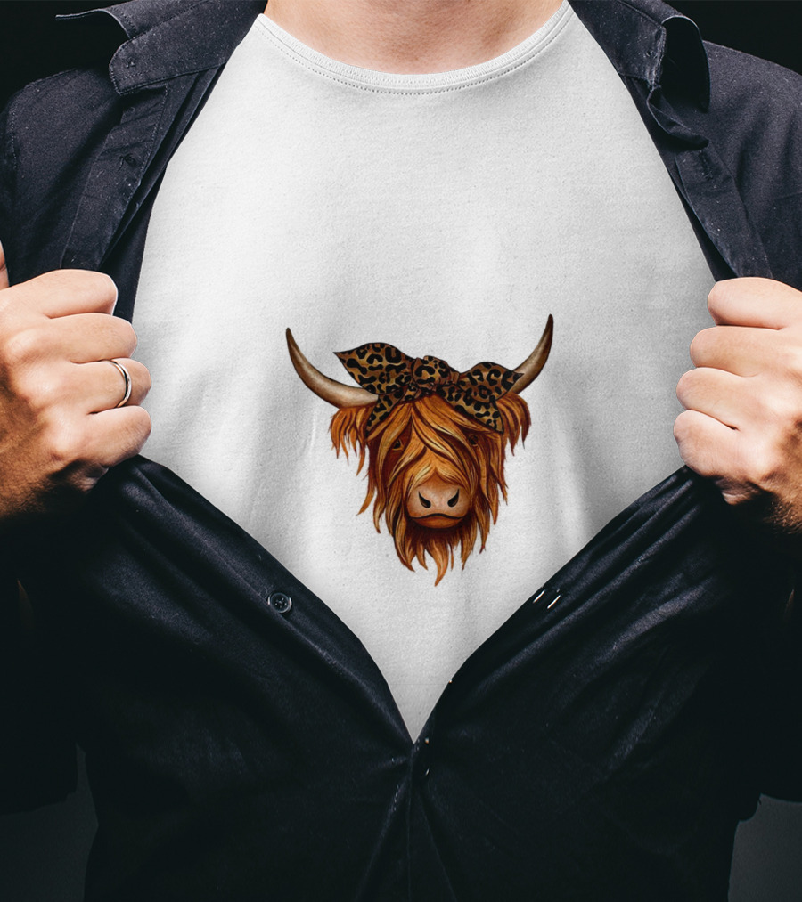 Highland Cattle Leopard Print Bow T-Shirt