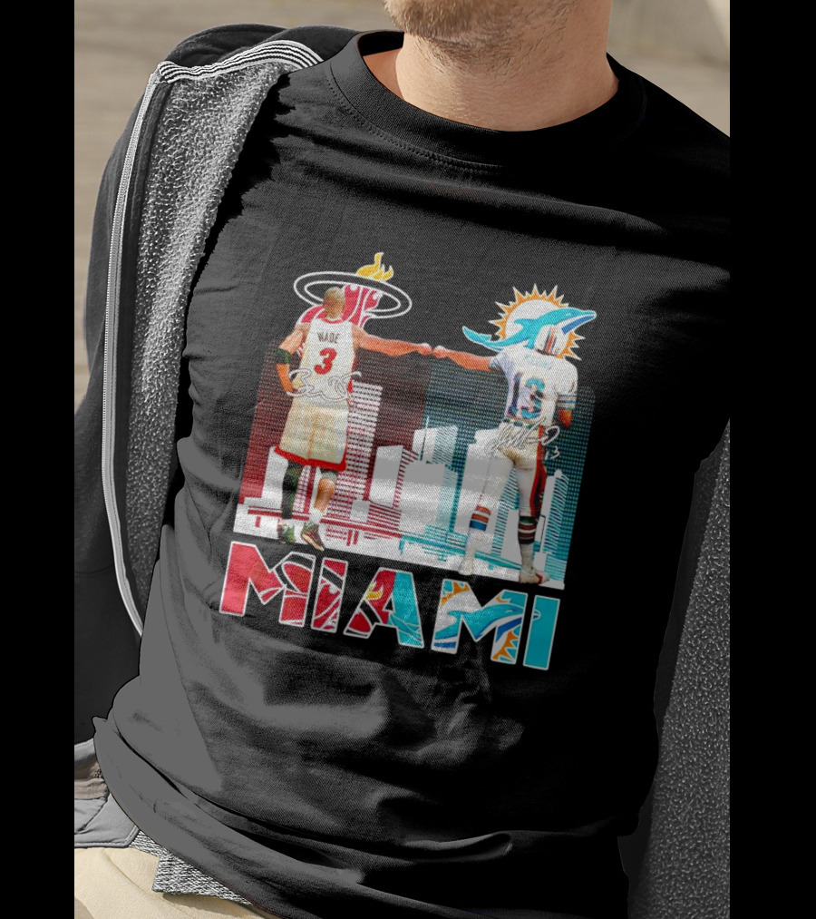Miami Heat Dwyane Wade And Miami Dolphins Dan Marino Iconic Fist Bump Signatures T-Shirt