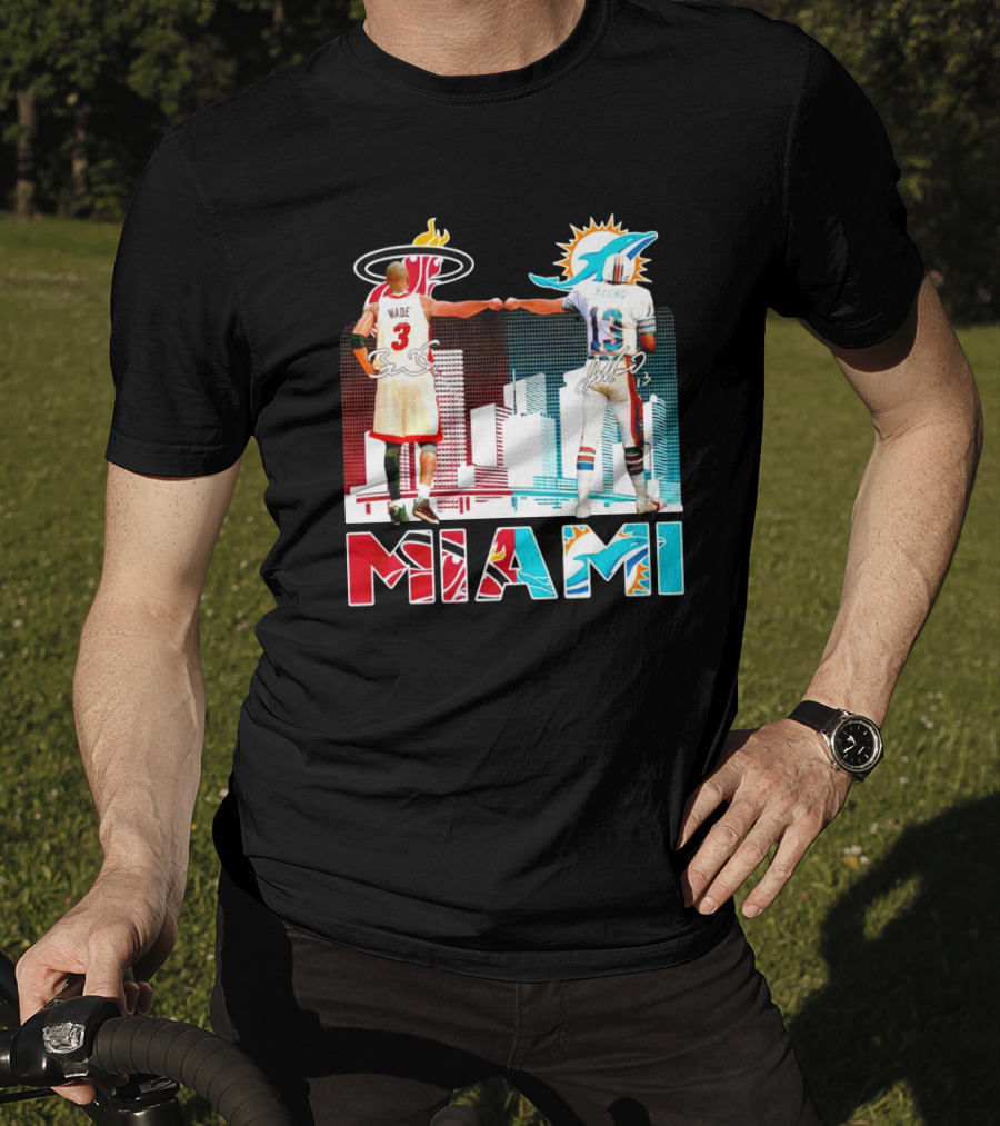 Miami Heat Dwyane Wade And Miami Dolphins Dan Marino Iconic Fist Bump Signatures T-Shirt