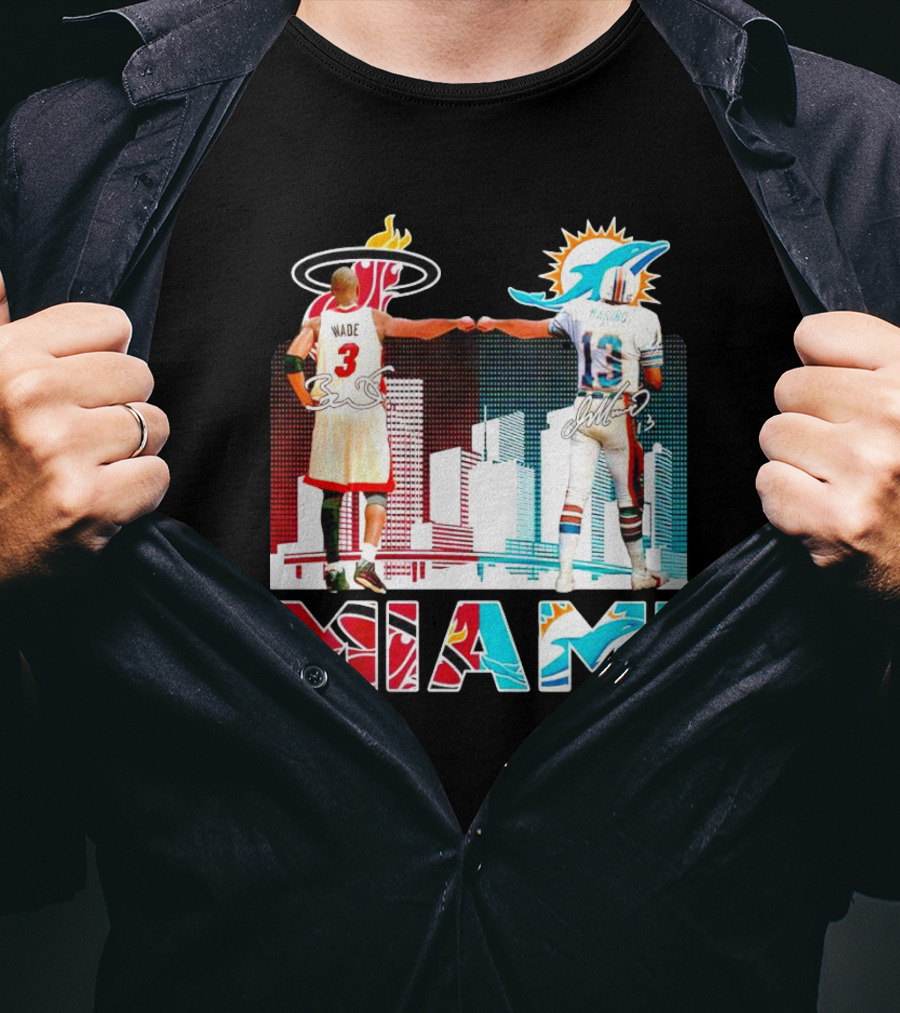 Miami Heat Dwyane Wade And Miami Dolphins Dan Marino Iconic Fist Bump Signatures T-Shirt