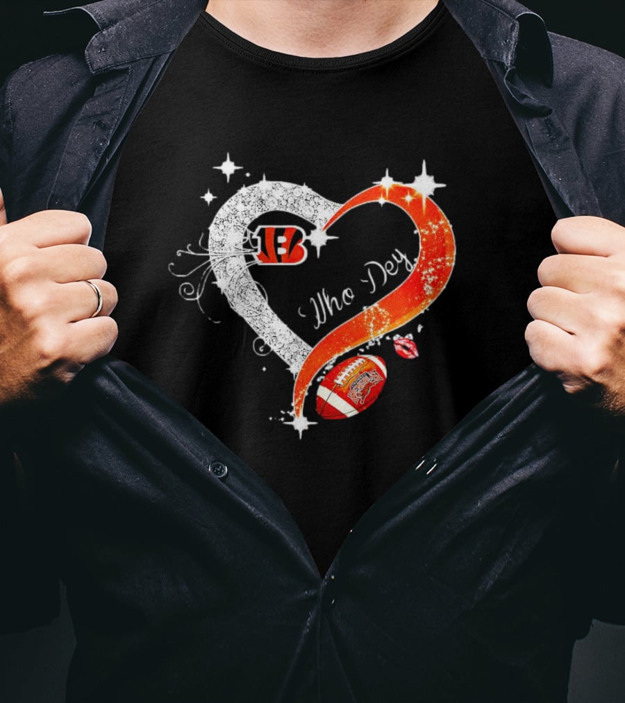Cincinnati Bengals Who Dey Diamond Heart Football Icon With Logo And Lips T-Shirt