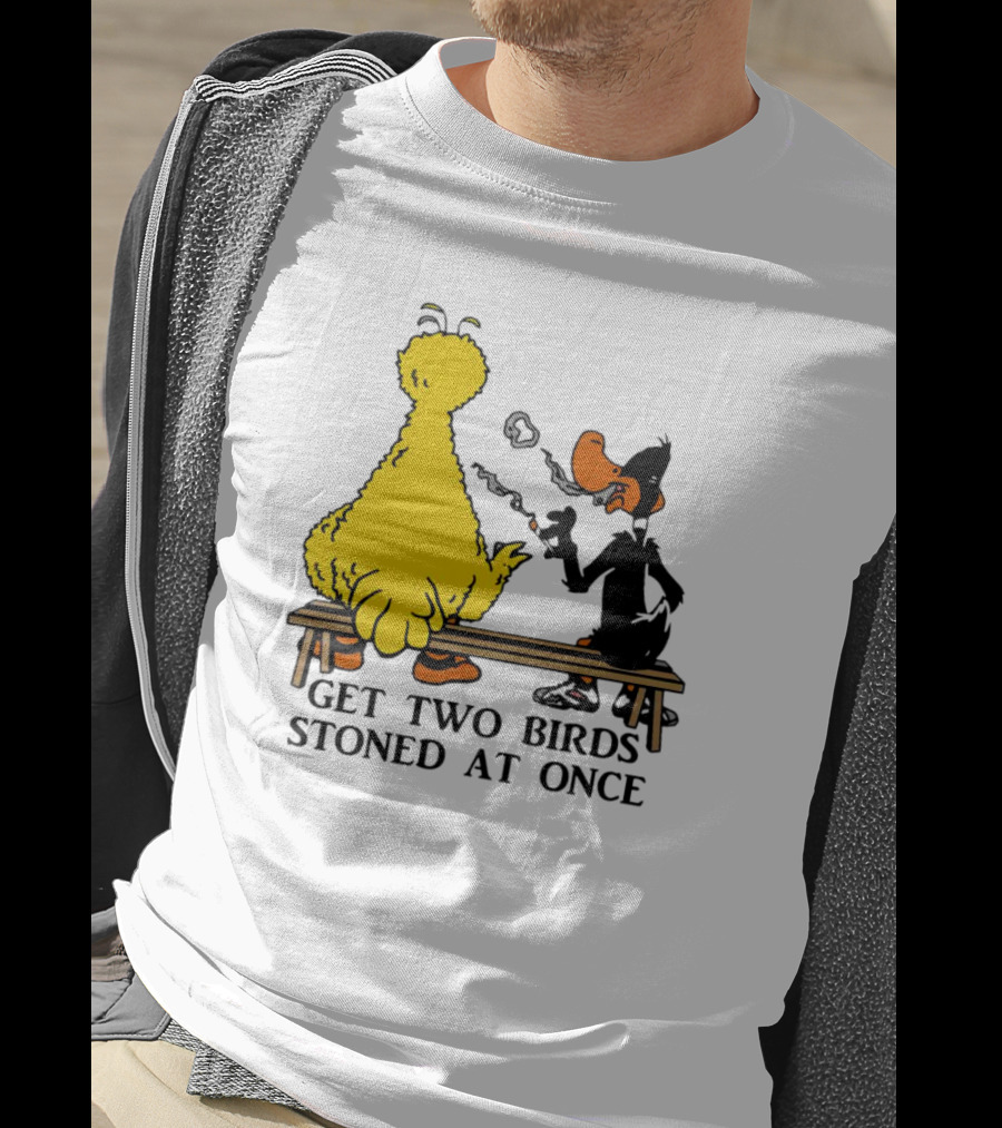 Get Two Birds Stoned At Once Smoking Yellow Black Cartoon Birds Bench T-Shirt