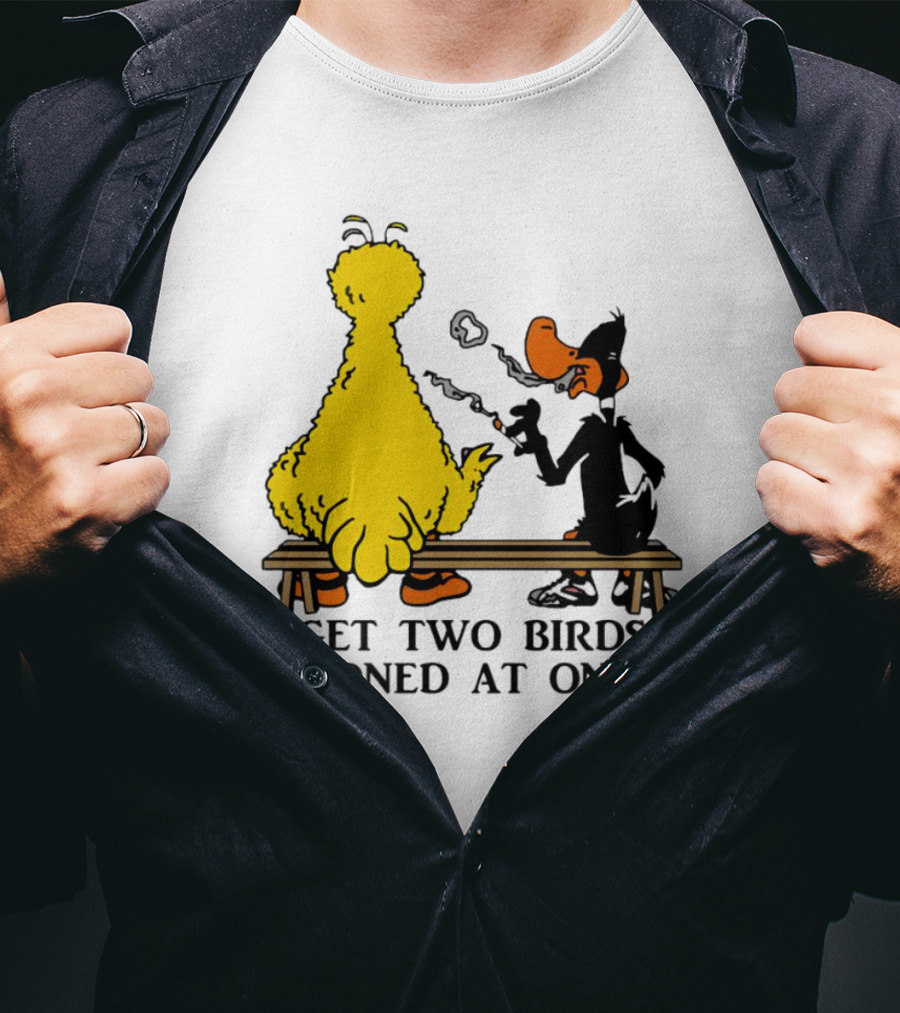 Get Two Birds Stoned At Once Smoking Yellow Black Cartoon Birds Bench T-Shirt