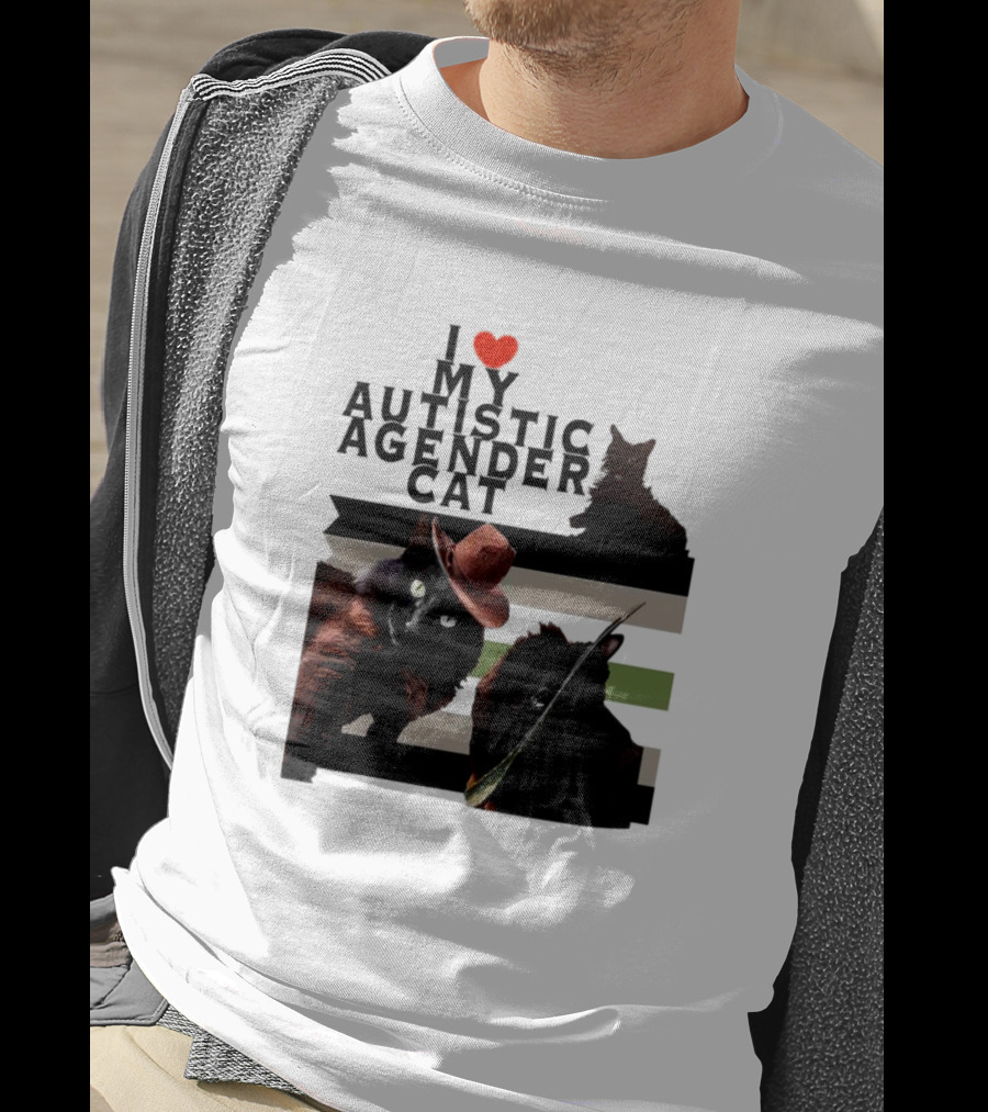 I Love My Autistic Agender Cat With Black Cats On Agender Pride Stripes T-Shirt