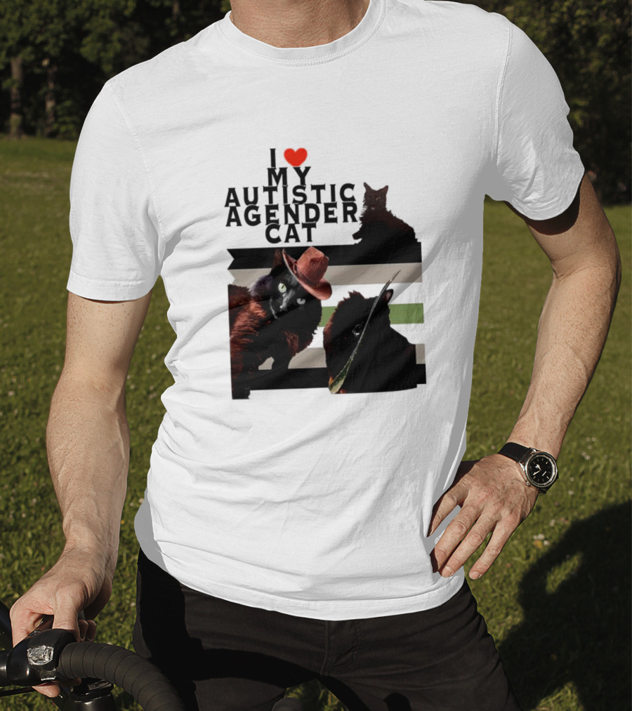 I Love My Autistic Agender Cat With Black Cats On Agender Pride Stripes T-Shirt