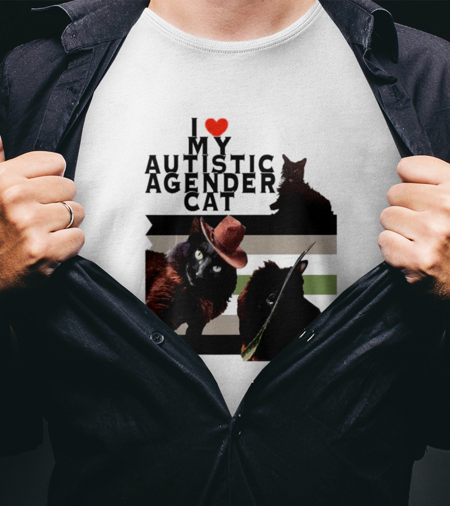 I Love My Autistic Agender Cat With Black Cats On Agender Pride Stripes T-Shirt