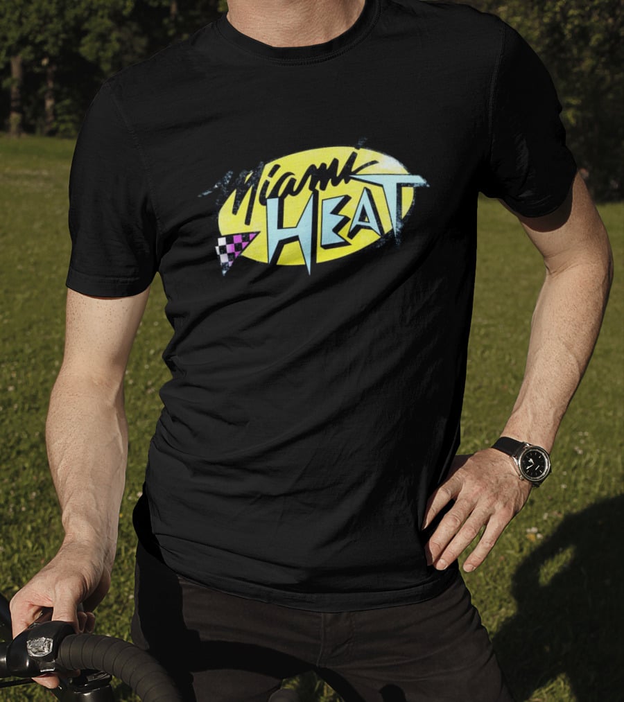 Miami Heat Retro 90s Style Logo With Neon Colors And Checkered Triangle T-Shirt