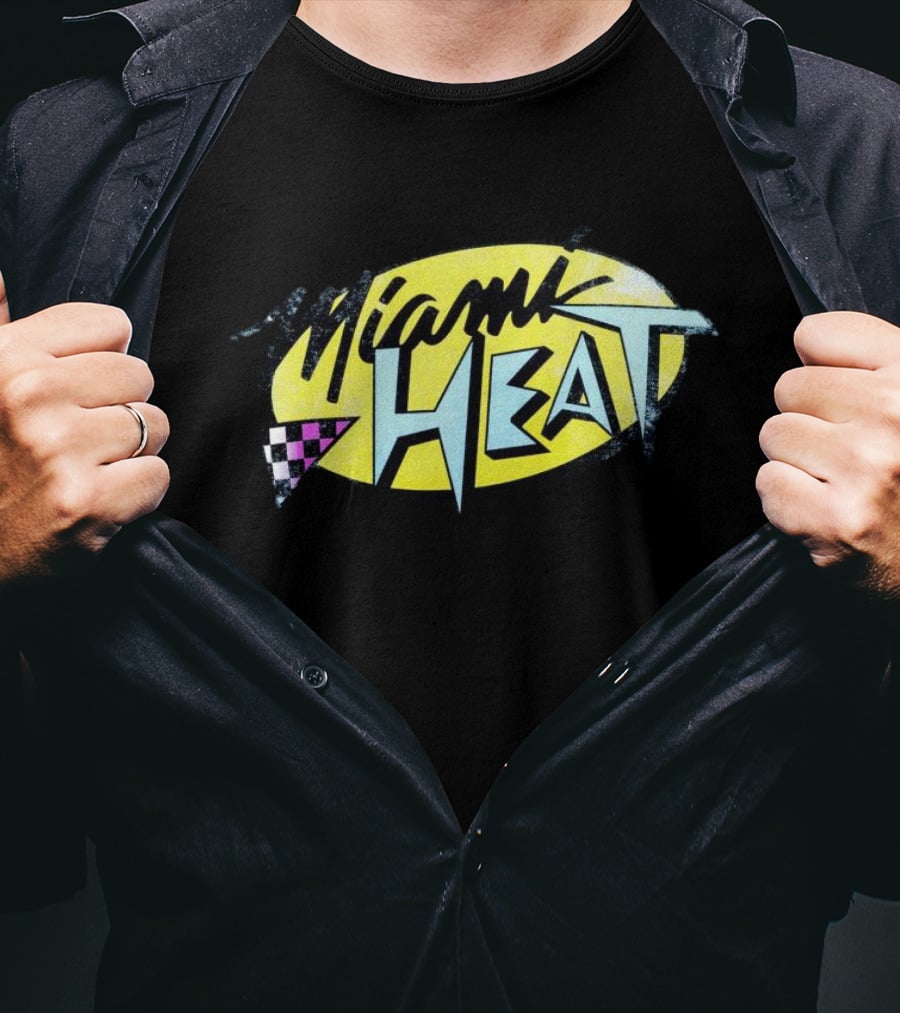 Miami Heat Retro 90s Style Logo With Neon Colors And Checkered Triangle T-Shirt