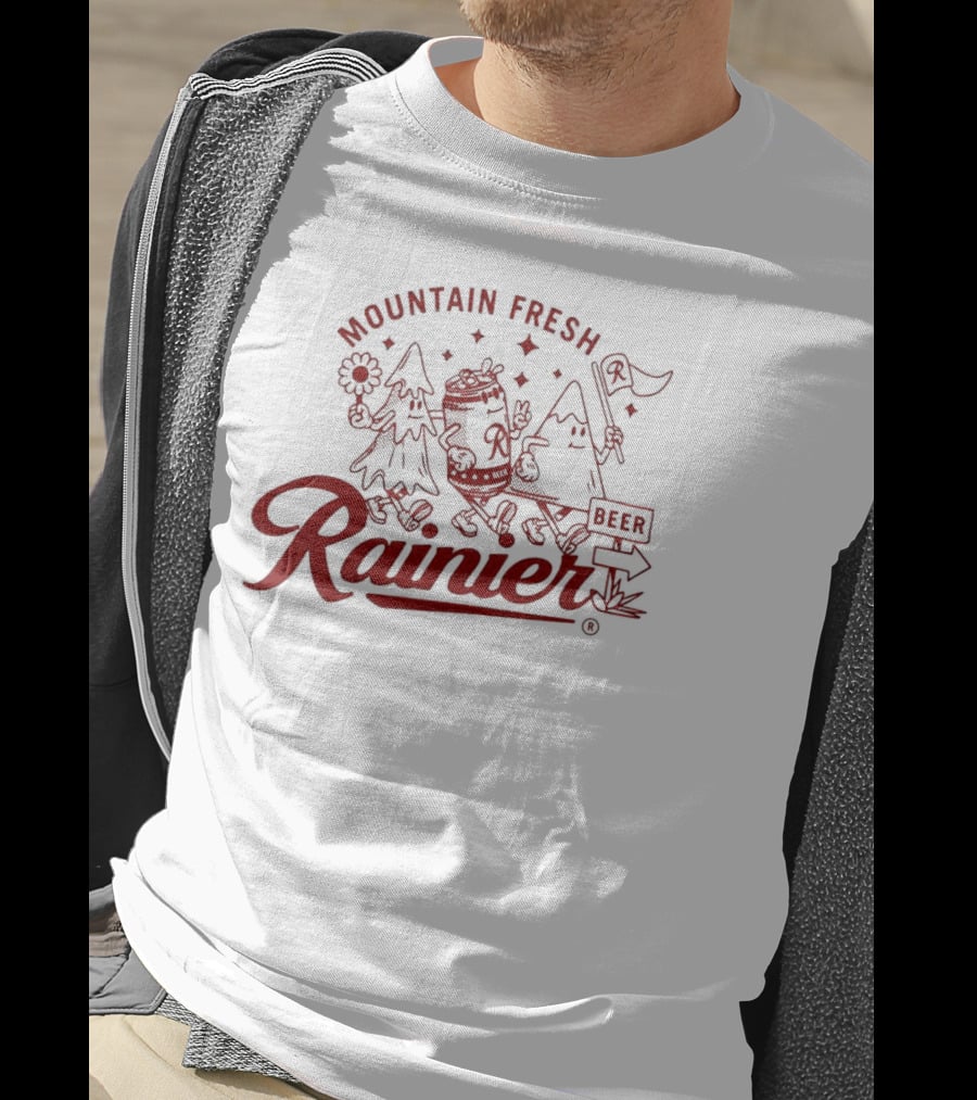 Rainier Mountain Fresh Beer Characters With Flower And Flag T-Shirt