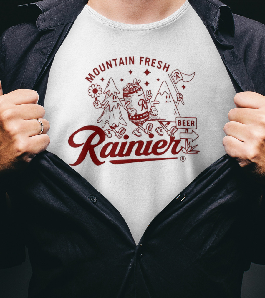 Rainier Mountain Fresh Beer Characters With Flower And Flag T-Shirt